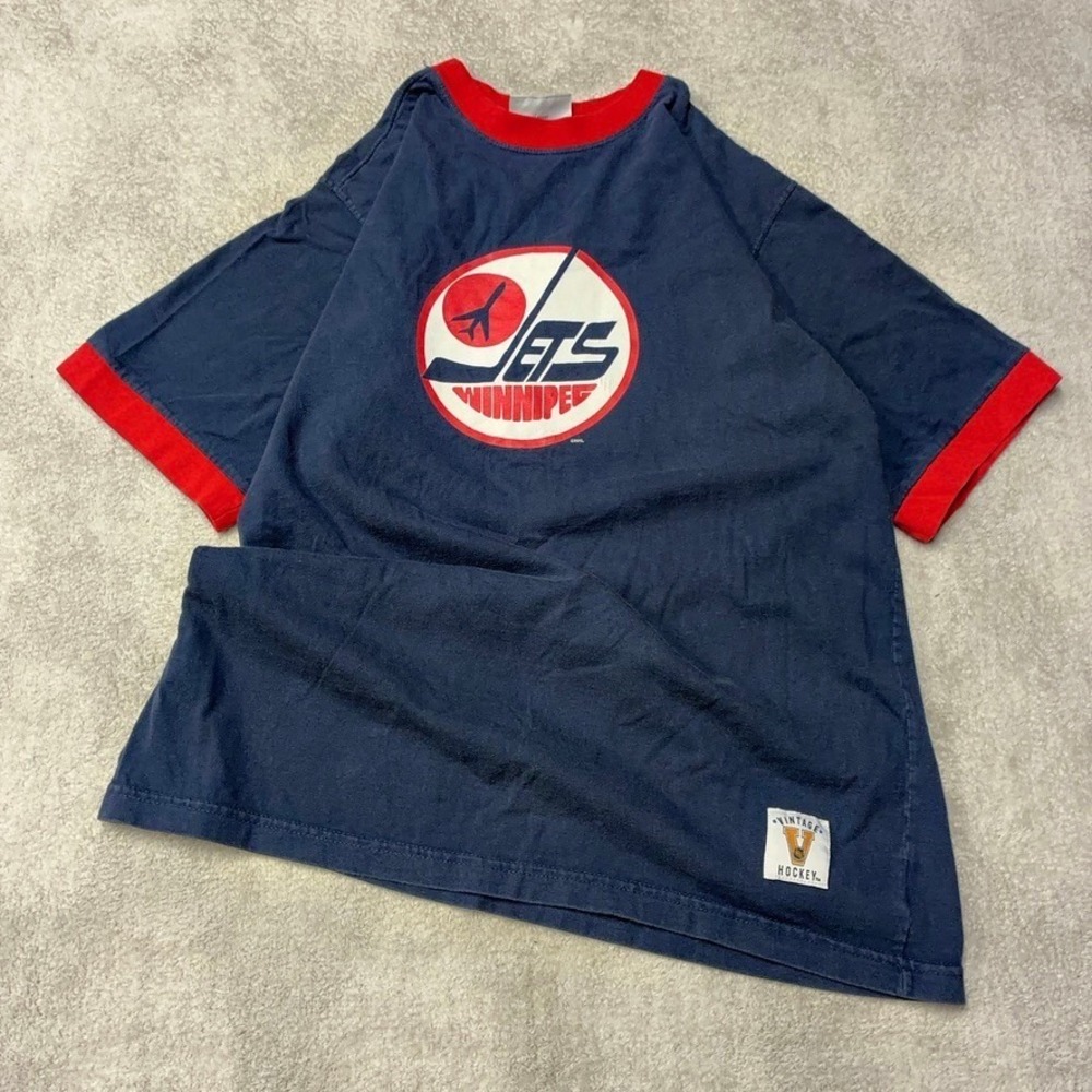 Vintage Winnipeg Jets Ringer T-Shirt Blue Red NHL Hockey Logo Puma Men's L